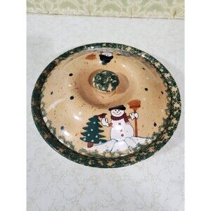 LTD Limited  9” Christmas Snowman Pie Dish W/ Lid Stoneware Green Sponge Edges